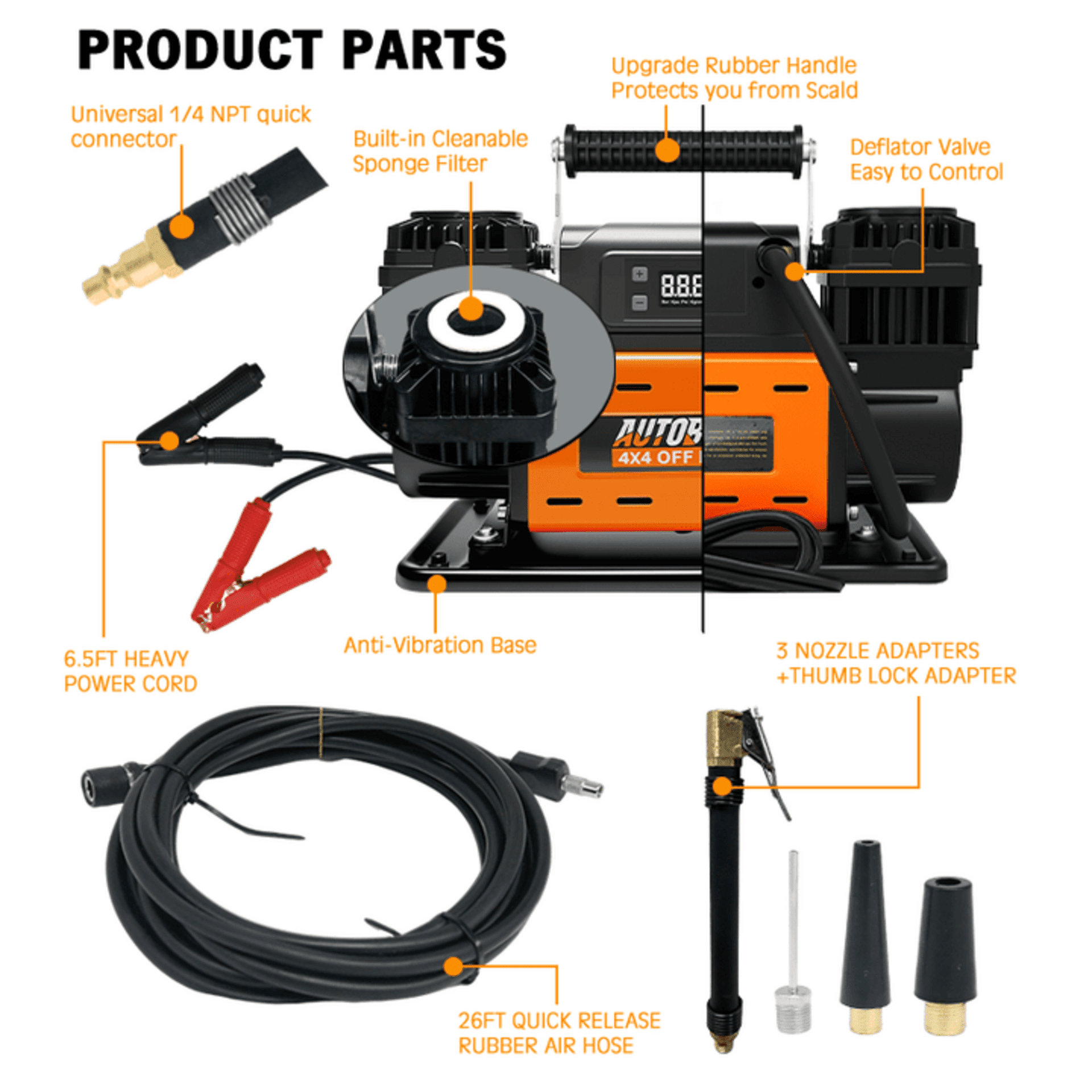 Compresor de Ruedas Portátil Bicilíndrico 12V 350L/min 150PSI con Pantalla LCD - 6