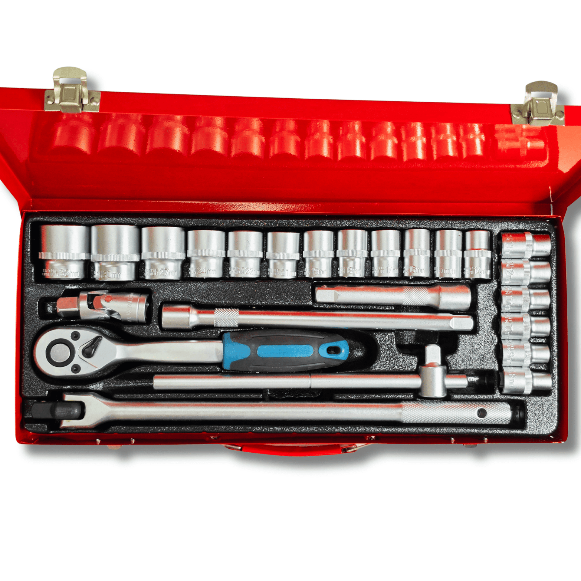 Estuche Metálico Carraca 1/2” 24 Piezas con Vasos 8–32 mm Extensores Maneral - 1