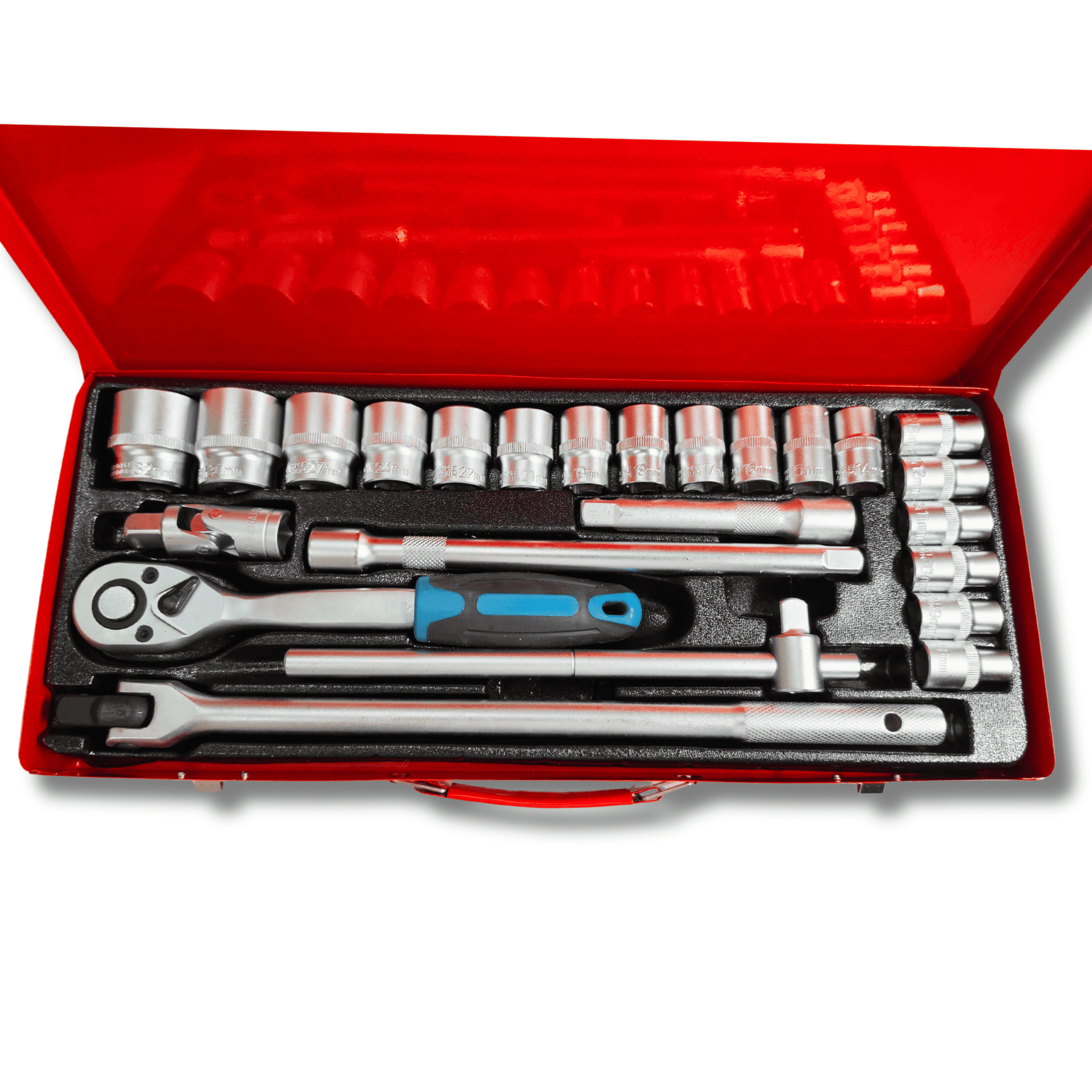 Estuche Metálico Carraca 1/2” 24 Piezas con Vasos 8–32 mm Extensores Maneral - 3