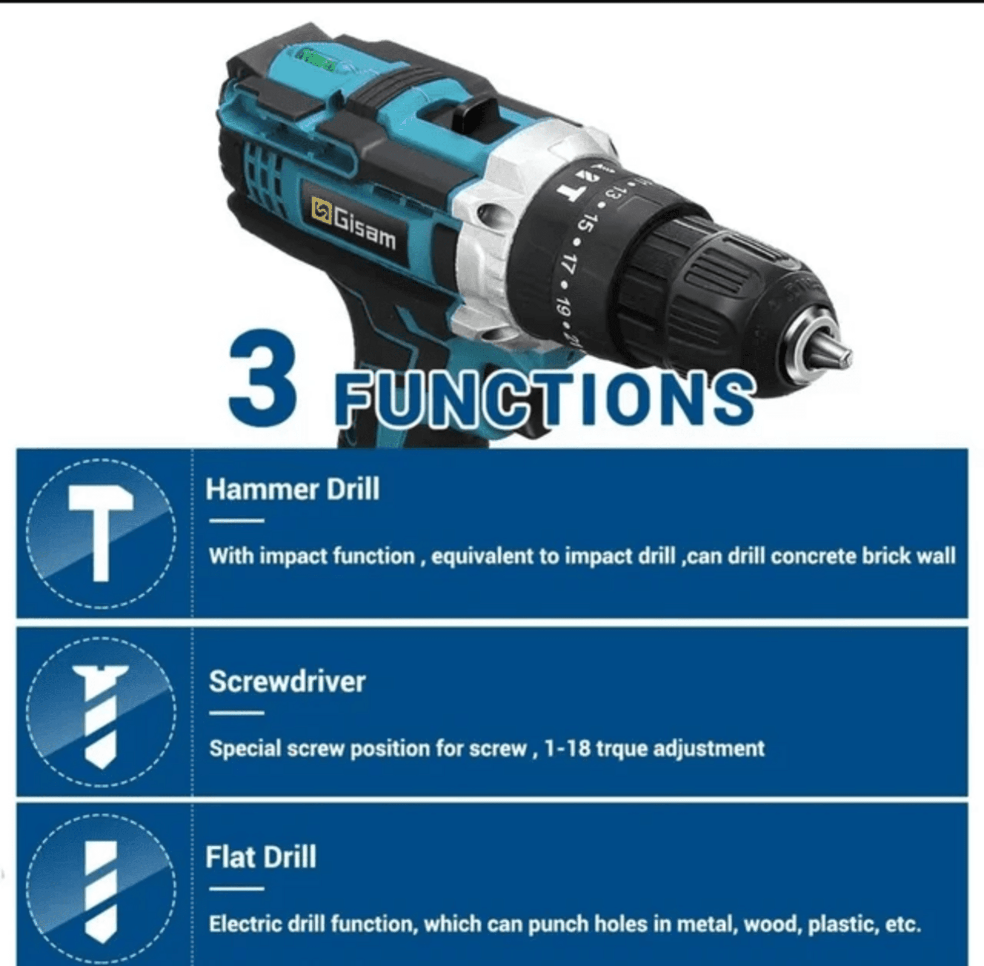 Taladro atornillador eléctrico con martillo + 2 baterías + cargador - 3
