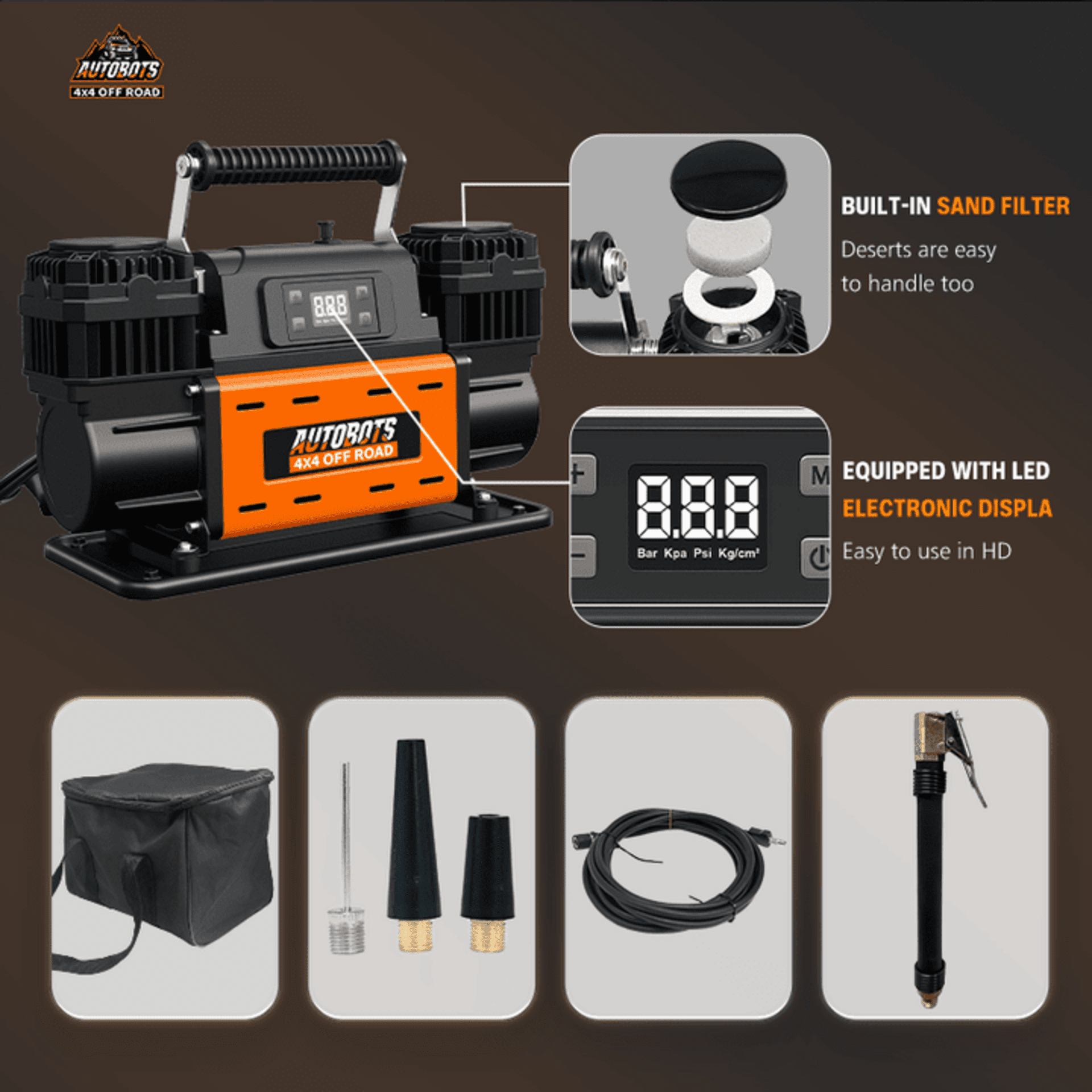 Compresor de Ruedas Portátil Bicilíndrico 12V 350L/min 150PSI con Pantalla LCD - 3