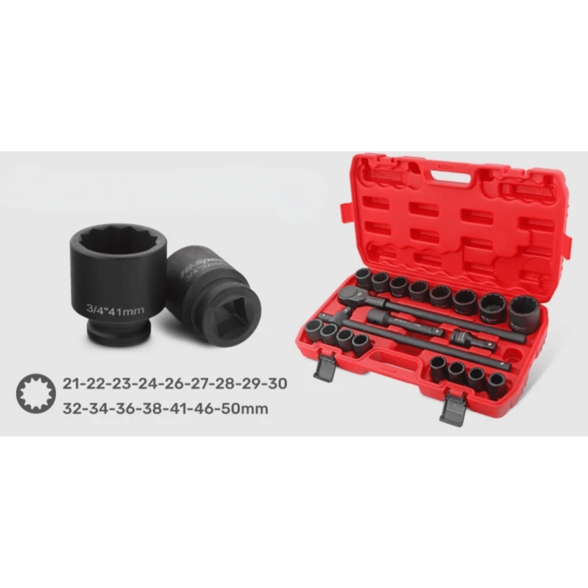 Maletín herramientas 3/4" 21-50mm, 21 piezas – Vasos cromo molibdeno reforzado - 3