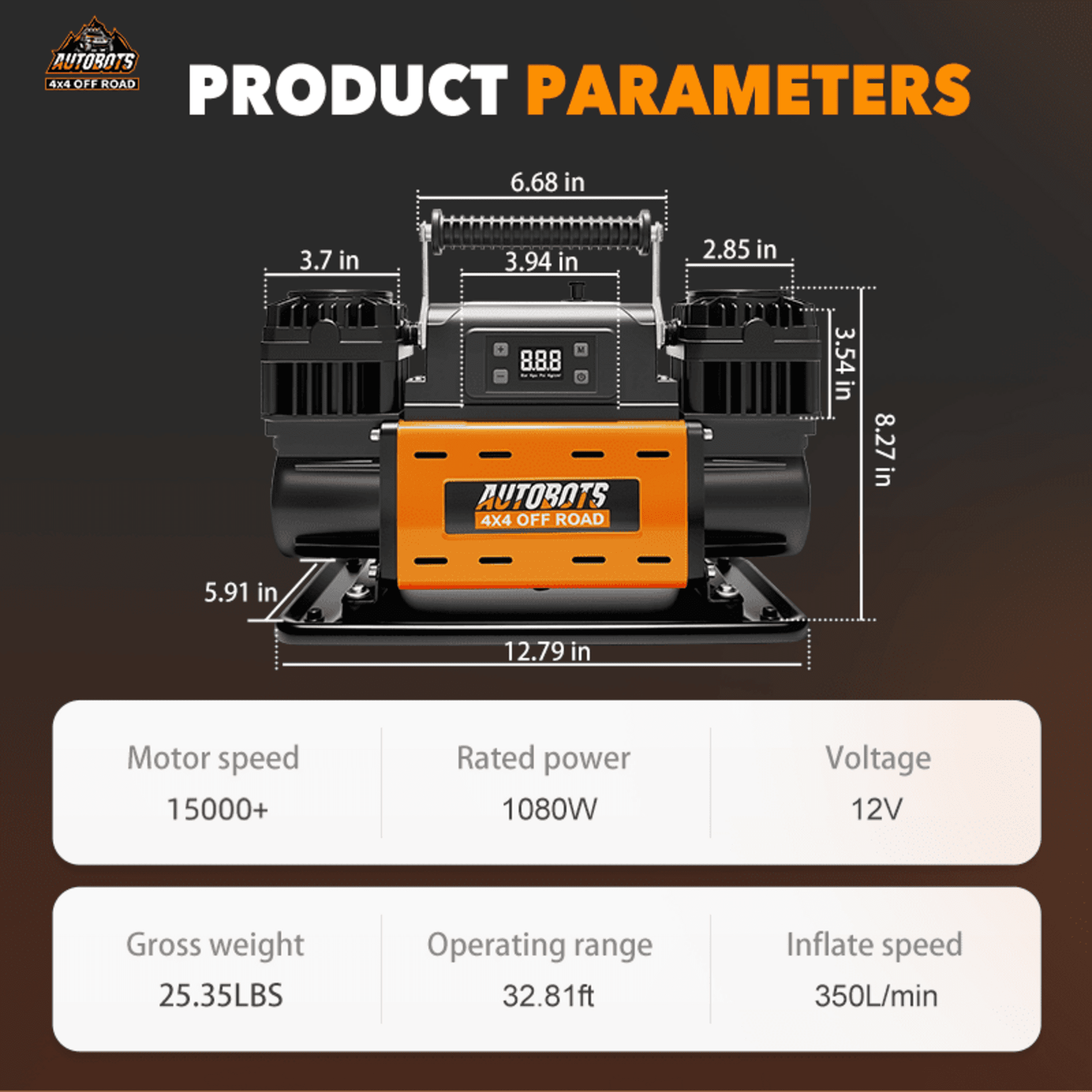 Compresor de Ruedas Portátil Bicilíndrico 12V 350L/min 150PSI con Pantalla LCD - 2